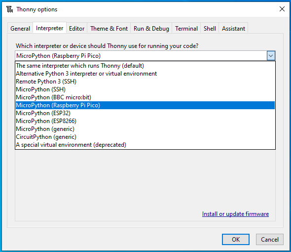 Thonny Options Raspberry Pi Pico Micropython